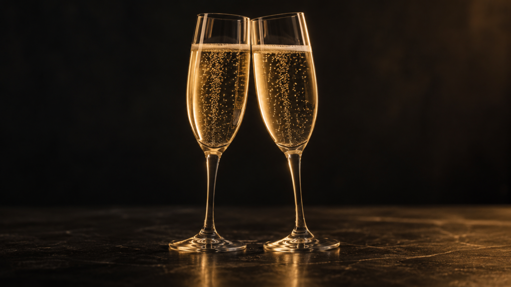 Two champagne flutes filled with golden sparkling wine against a dark background.