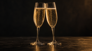 Two champagne flutes filled with golden sparkling wine against a dark background.